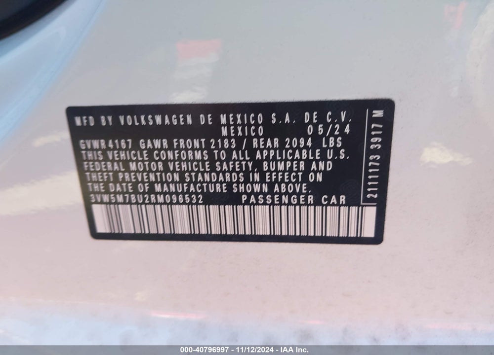 2024 VOLKSWAGEN JETTA 1.5T S VIN: 3VW5M7BU2RM096532