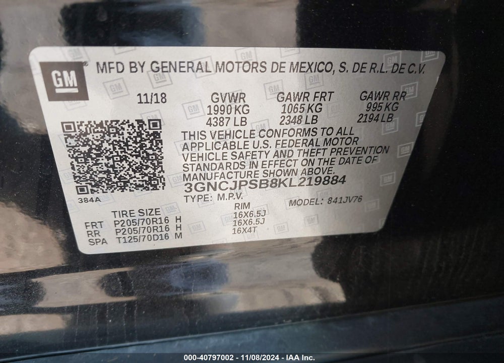 2019 CHEVROLET TRAX LT VIN: 3GNCJPSB8KL219884