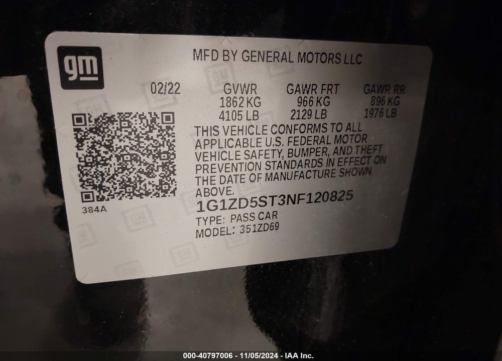 2022 CHEVROLET MALIBU FWD LT VIN: 1G1ZD5ST3NF120825