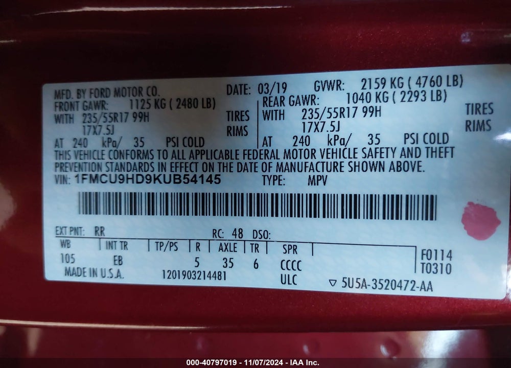 2019 FORD ESCAPE SEL VIN: 1FMCU9HD9KUB54145