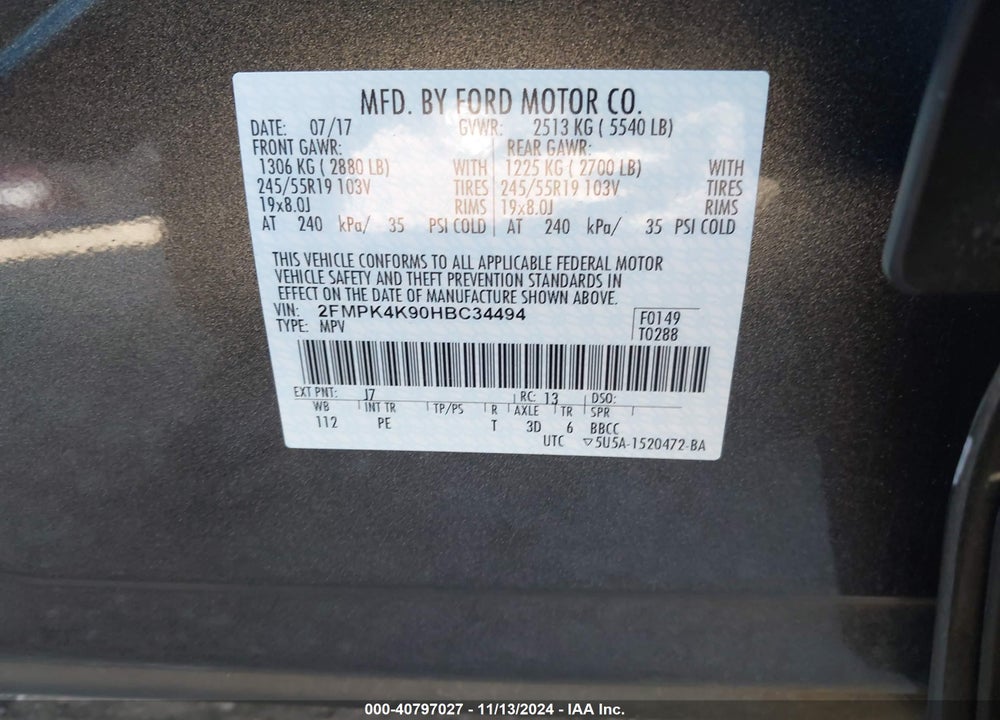 2017 FORD EDGE TITANIUM VIN: 2FMPK4K90HBC34494