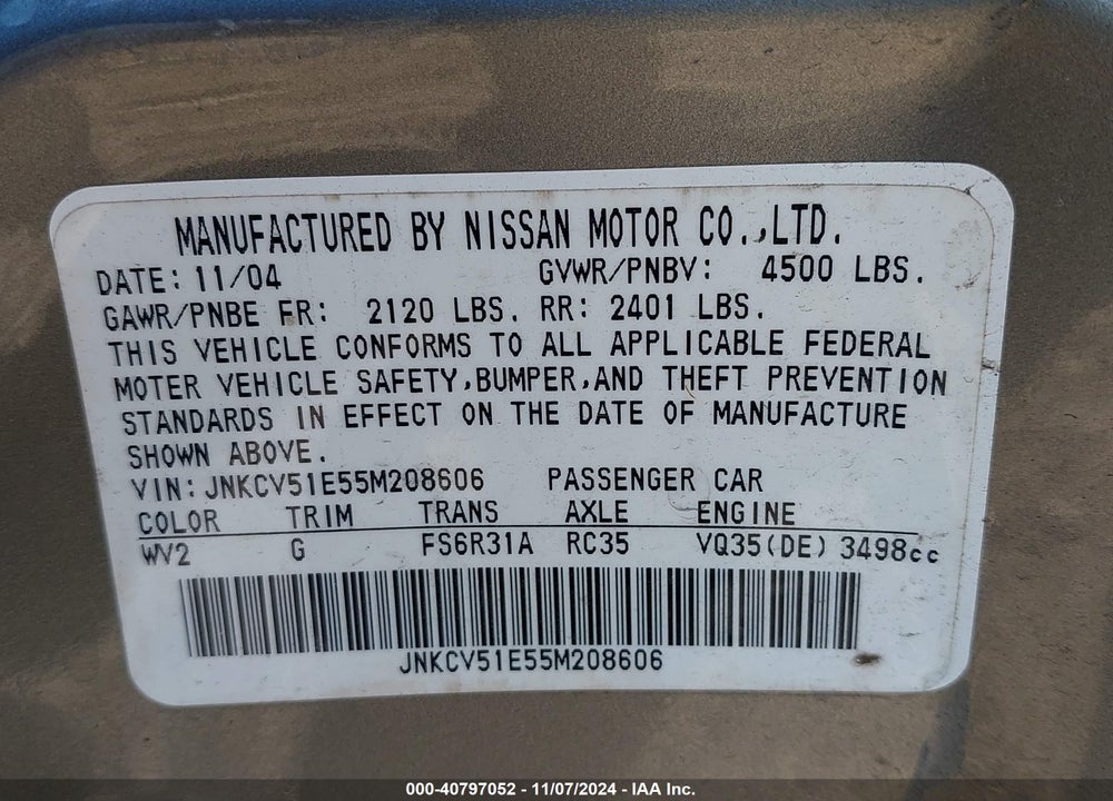 2005 INFINITI G35 VIN: JNKCV51E55M208606