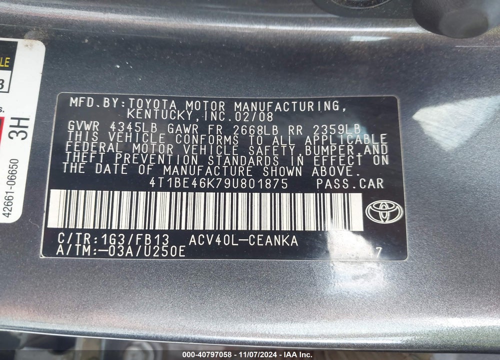 2009 TOYOTA CAMRY LE VIN: 4T1BE46K79U801875