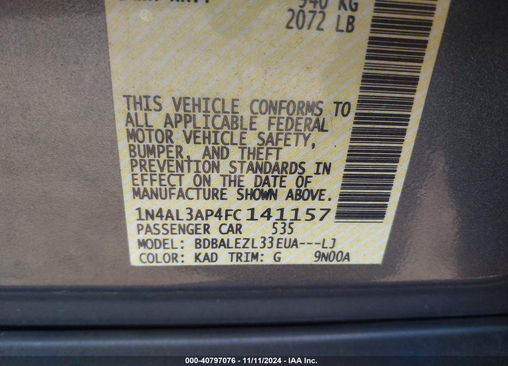 2015 NISSAN ALTIMA 2.5 S VIN: 1N4AL3AP4FC141157