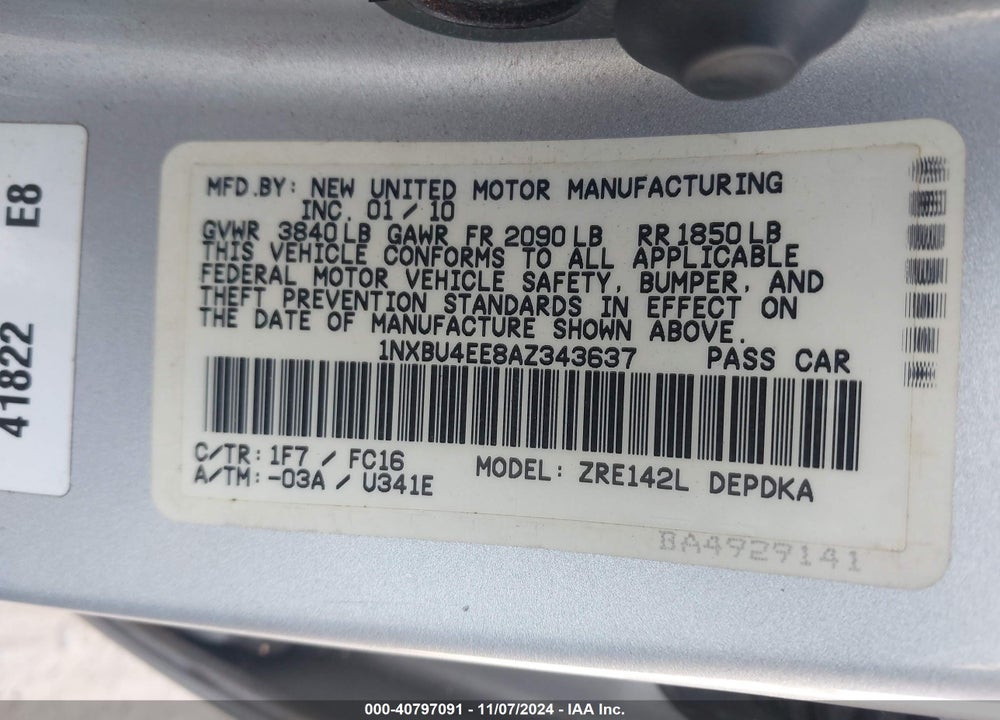 2010 TOYOTA COROLLA LE VIN: 1NXBU4EE8AZ343637