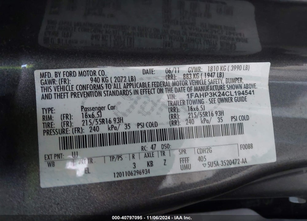 2012 FORD FOCUS SE VIN: 1FAHP3K24CL194541
