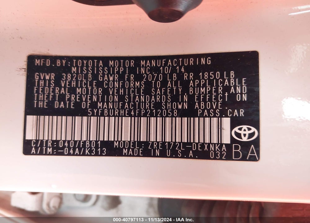 2015 TOYOTA COROLLA LE PLUS VIN: 5YFBURHE4FP212058