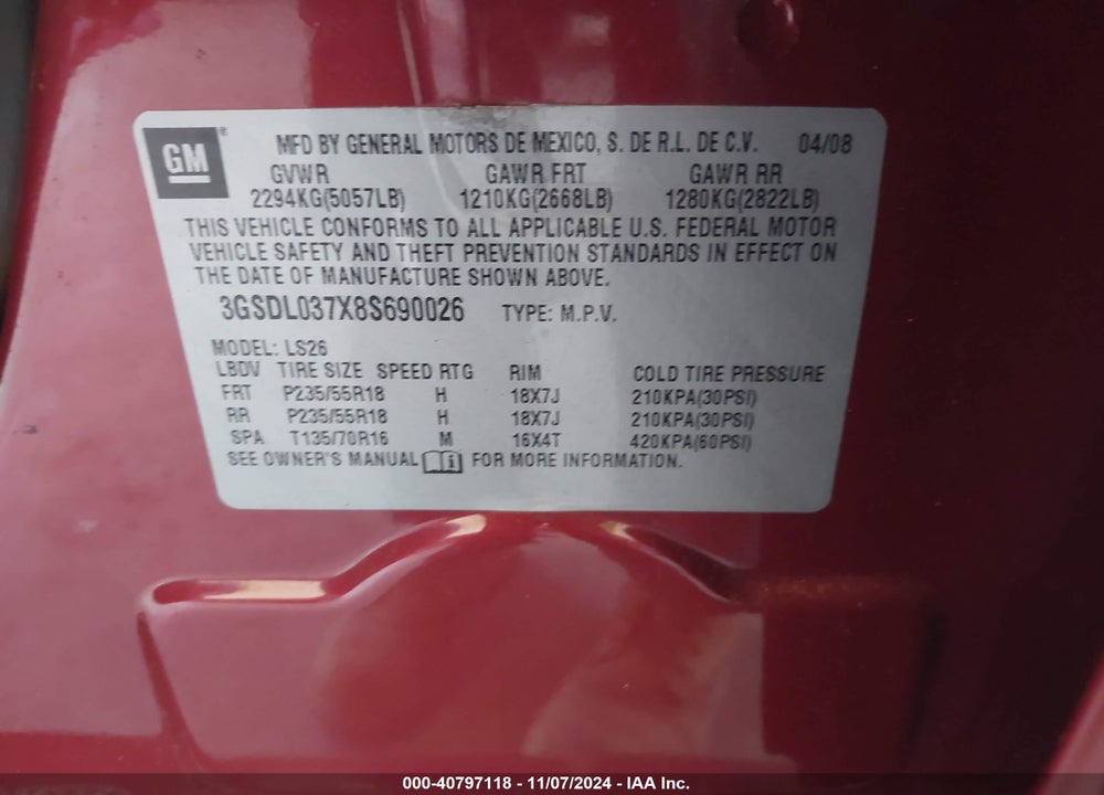 2008 SATURN VUE RED LINE VIN: 3GSDL037X8S690026