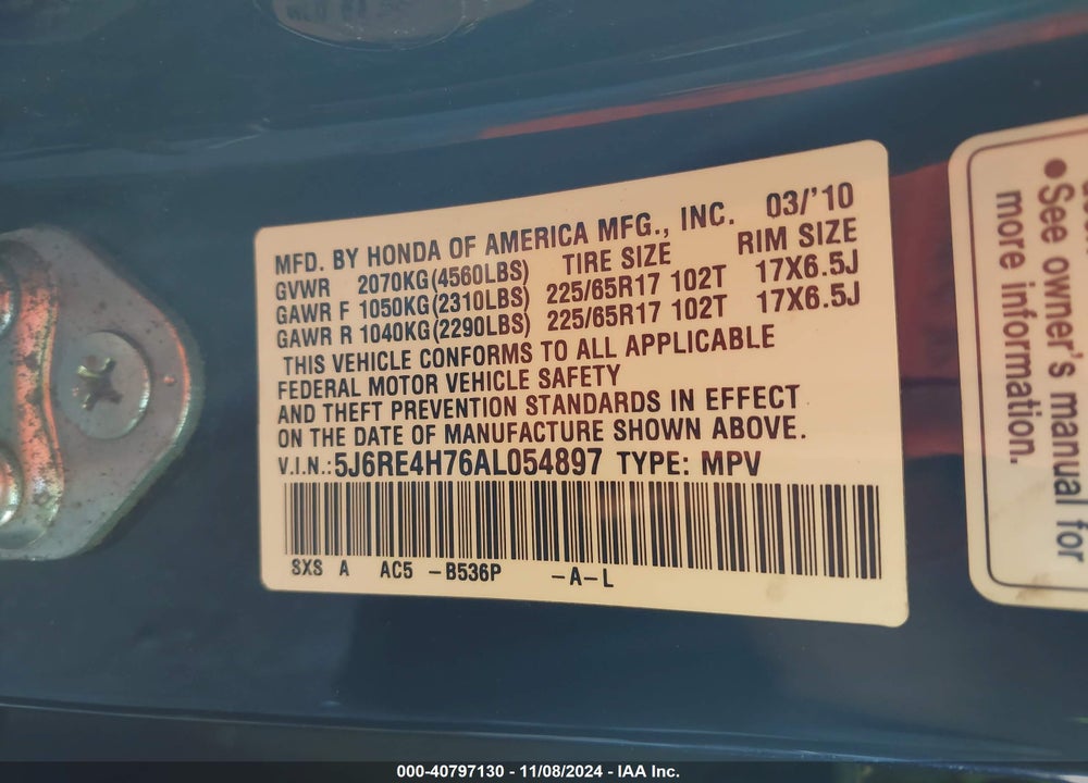 2010 HONDA CR-V EX-L VIN: 5J6RE4H76AL054897