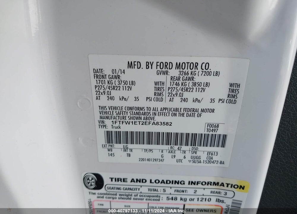 2014 FORD F-150 LIMITED VIN: 1FTFW1ET2EFA83582