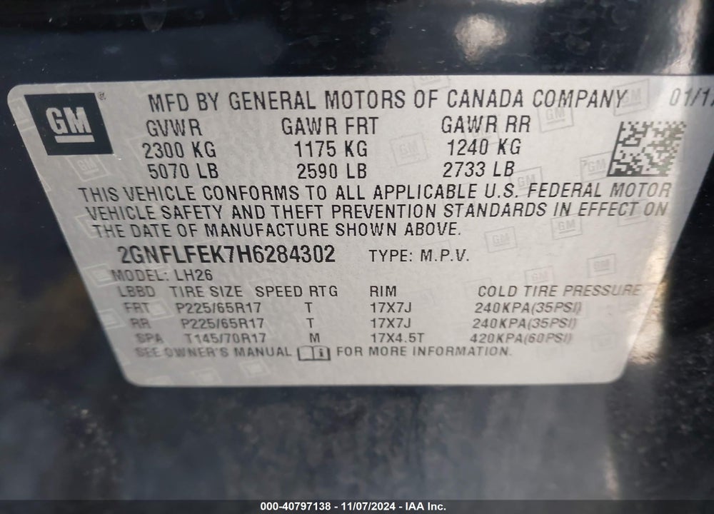 2017 CHEVROLET EQUINOX LT VIN: 2GNFLFEK7H6284302