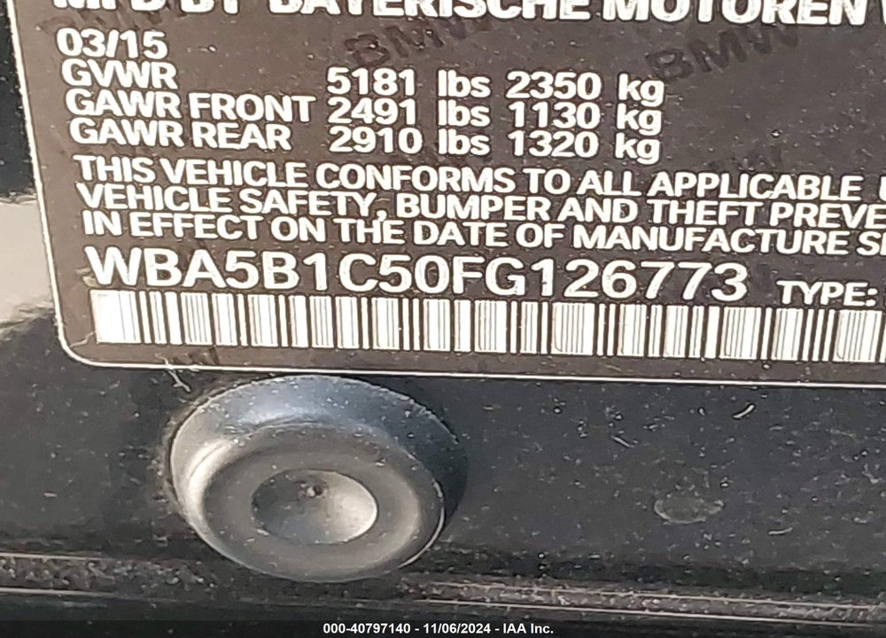 2015 BMW 535I VIN: WBA5B1C50FG126773