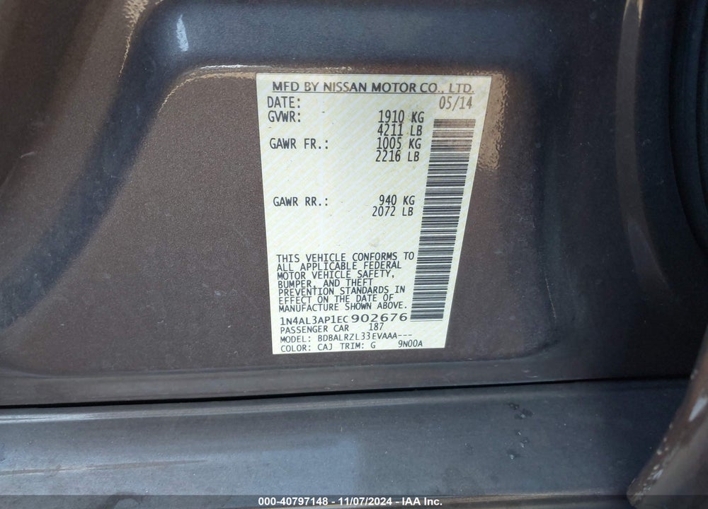 2014 NISSAN ALTIMA 2.5 S VIN: 1N4AL3AP1EC902676
