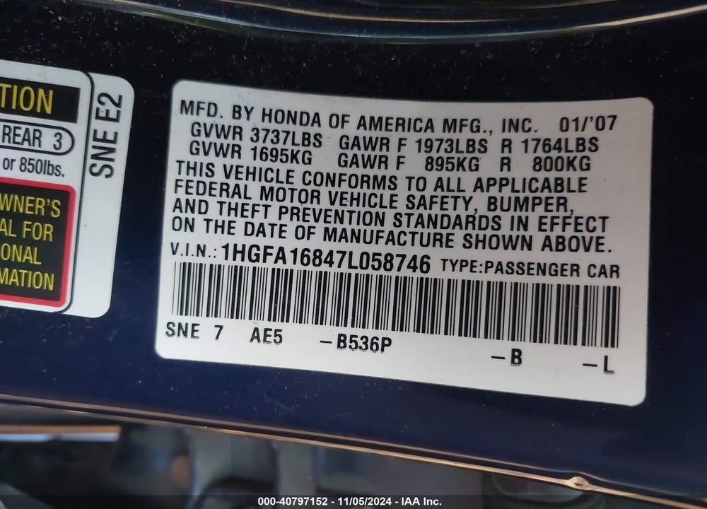 2007 HONDA CIVIC EX VIN: 1HGFA16847L058746