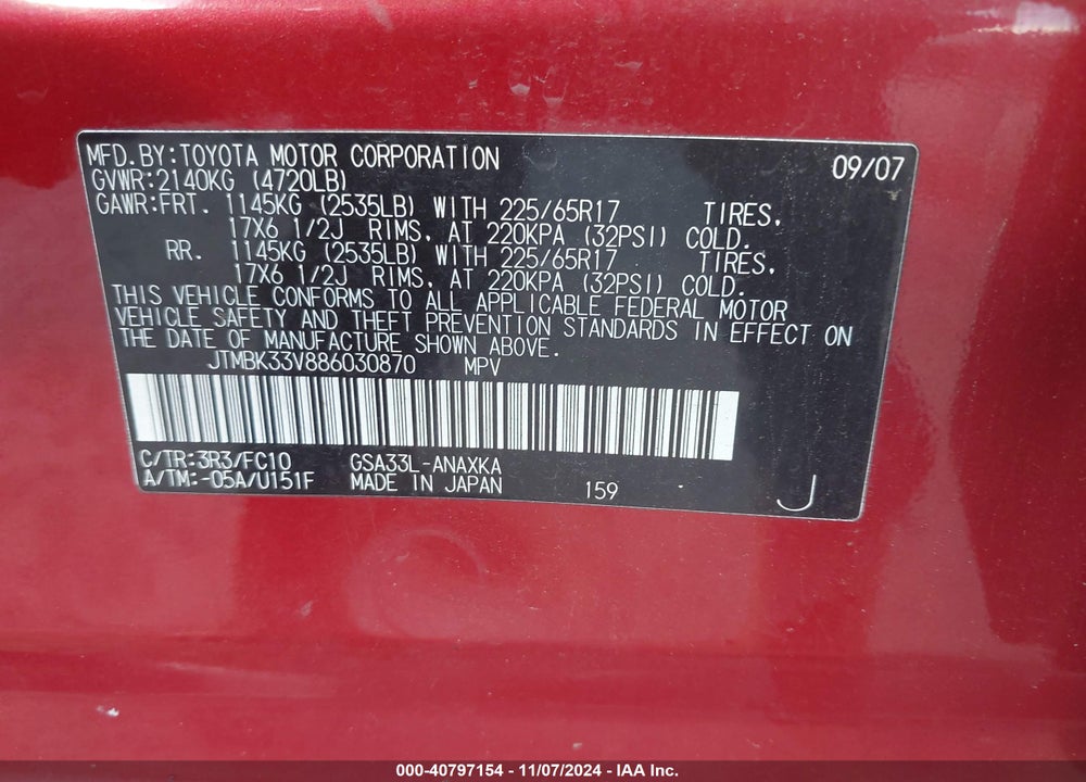 2008 TOYOTA RAV4 BASE V6 VIN: JTMBK33V886030870