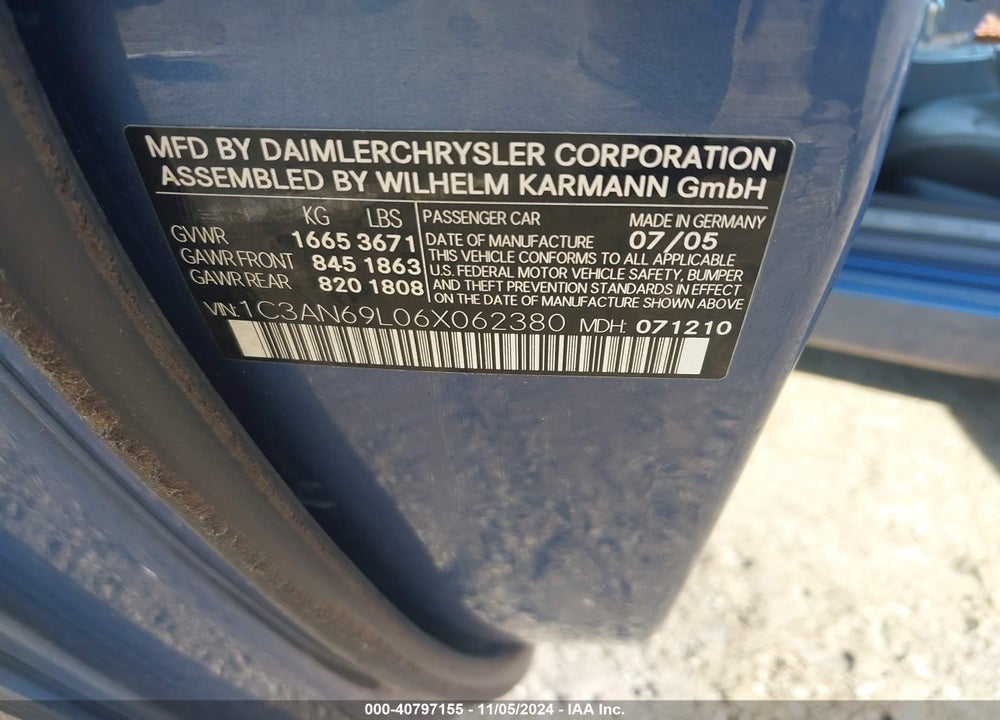 2006 CHRYSLER CROSSFIRE LIMITED VIN: 1C3AN69L06X062380