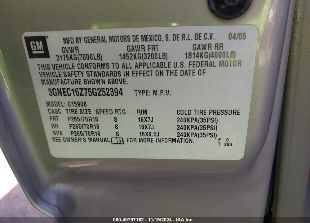 2005 CHEVROLET SUBURBAN 1500 LS VIN: 3GNEC16Z75G252394