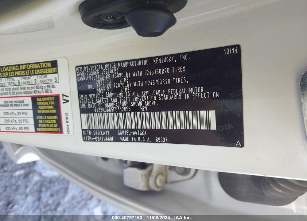 2015 TOYOTA VENZA LIMITED V6 VIN: 4T3BK3BB5FU112056