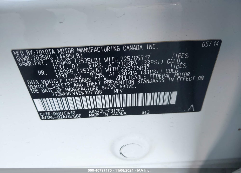 2014 TOYOTA RAV4 XLE VIN: 2T3WFREV4EW107198