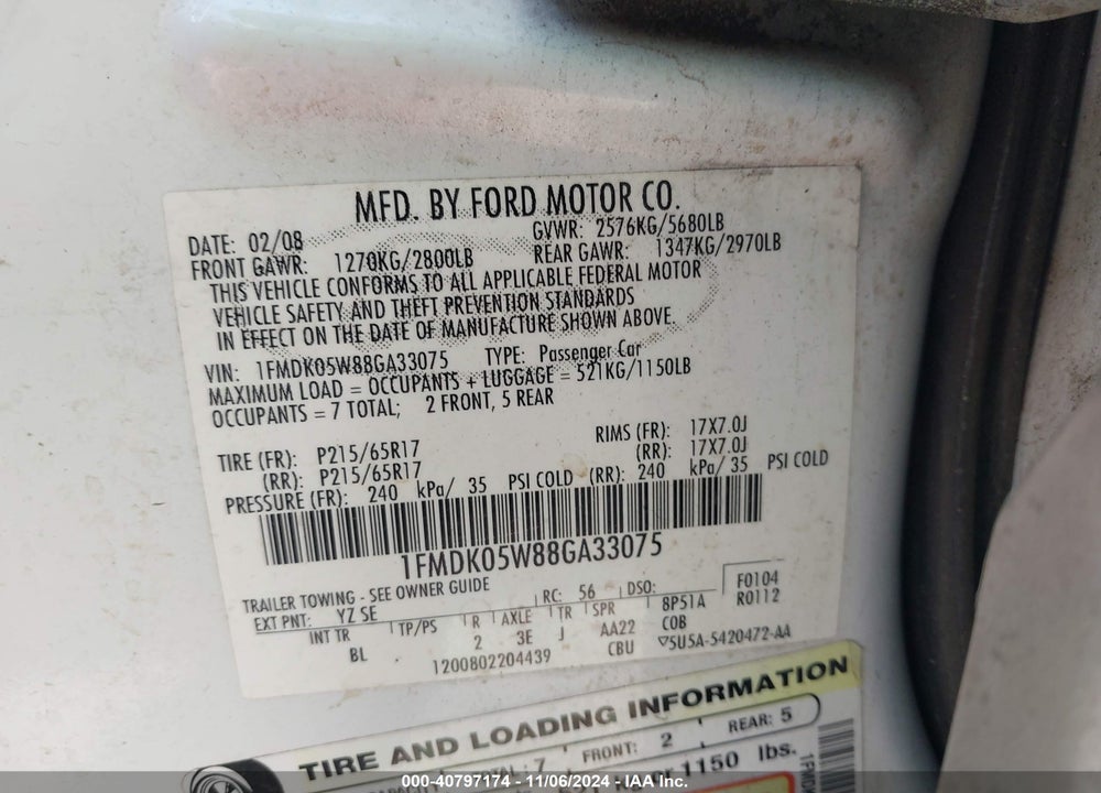 2008 FORD TAURUS X SEL VIN: 1FMDK05W88GA33075