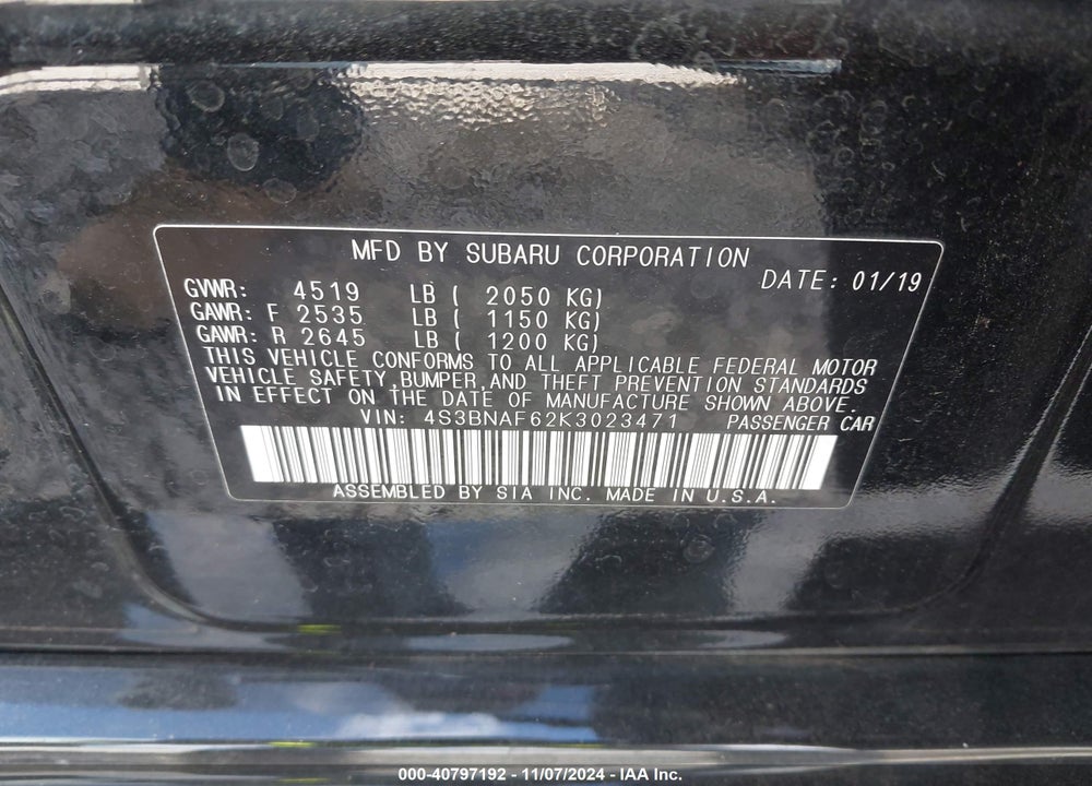 2019 SUBARU LEGACY 2.5I PREMIUM VIN: 4S3BNAF62K3023471