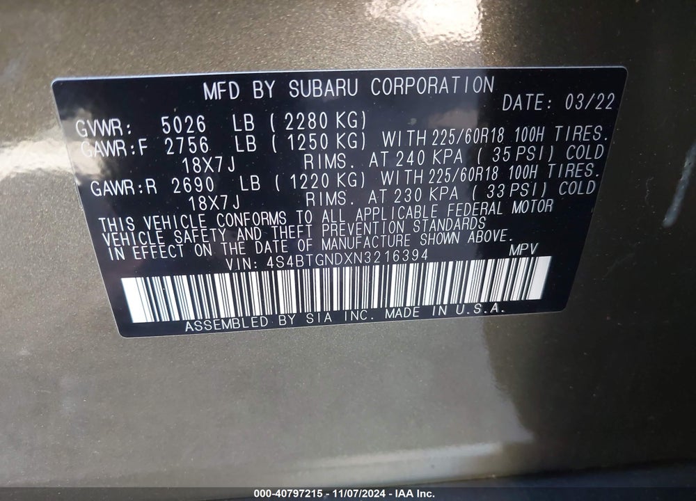 2022 SUBARU OUTBACK LIMITED XT VIN: 4S4BTGNDXN3216394