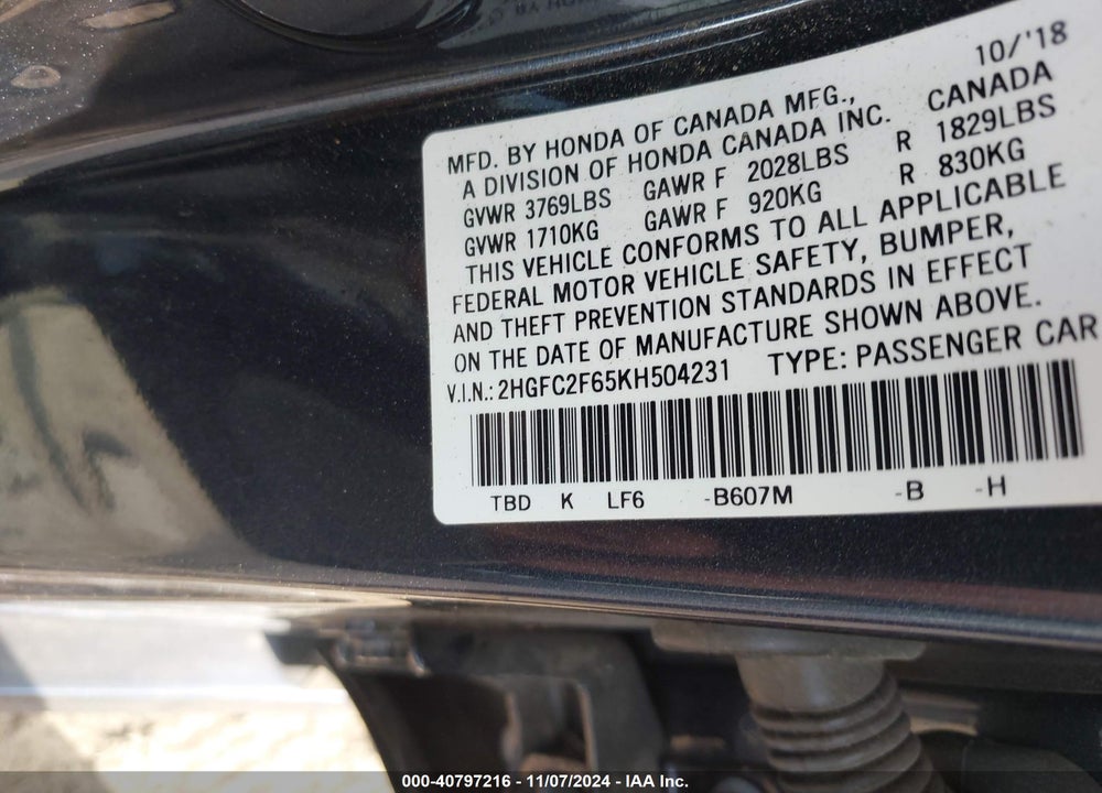 2019 HONDA CIVIC LX VIN: 2HGFC2F65KH504231