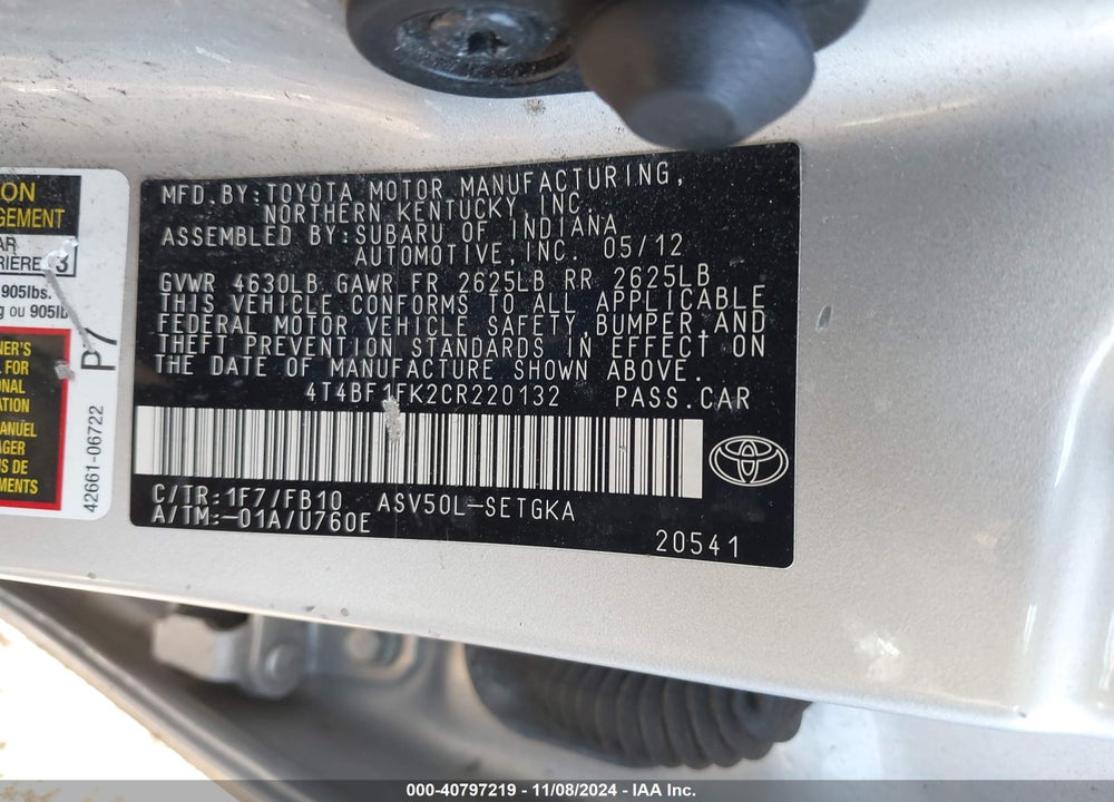 2012 TOYOTA CAMRY XLE VIN: 4T4BF1FK2CR220132