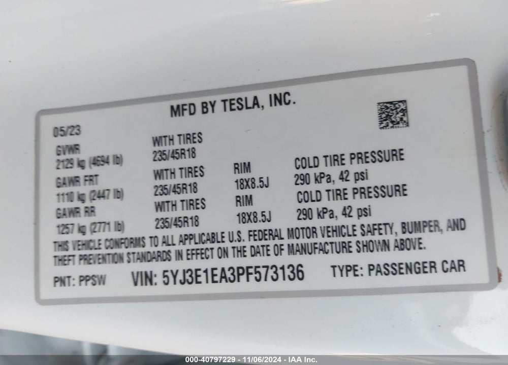 2023 TESLA MODEL 3 REAR-WHEEL DRIVE VIN: 5YJ3E1EA3PF573136