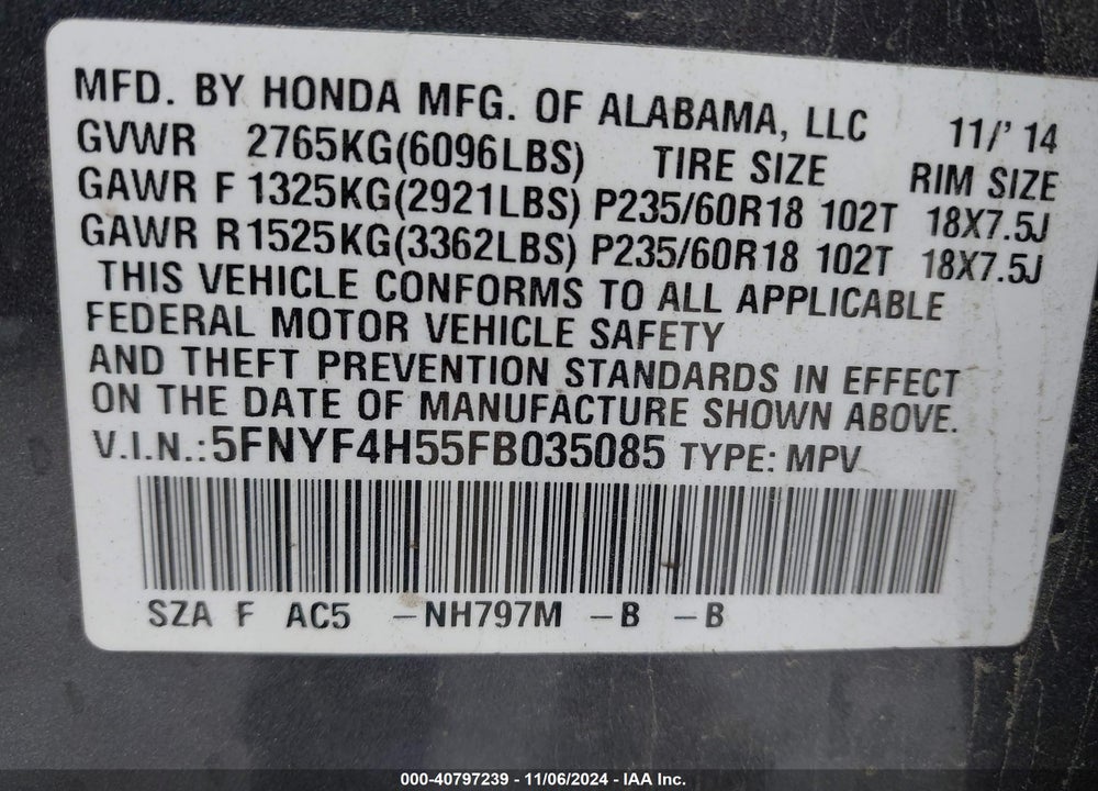 2015 HONDA PILOT EX-L VIN: 5FNYF4H55FB035085