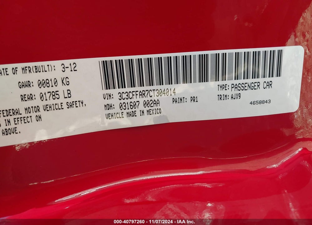 2012 FIAT 500 POP VIN: 3C3CFFAR7CT304014