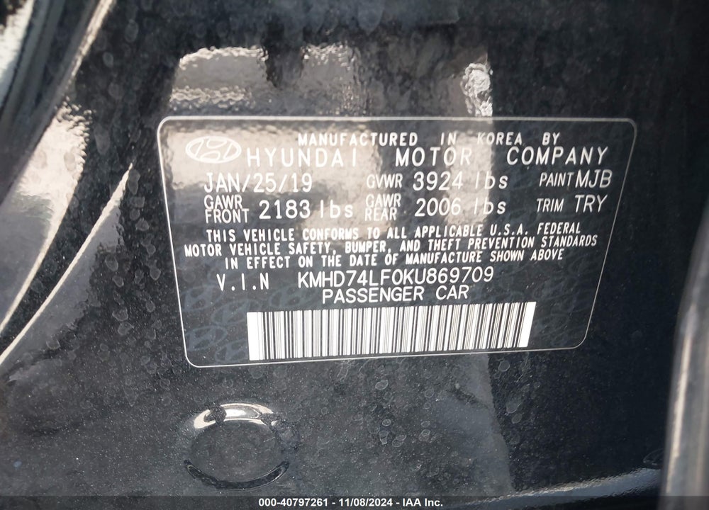 2019 HYUNDAI ELANTRA SE VIN: KMHD74LF0KU869709