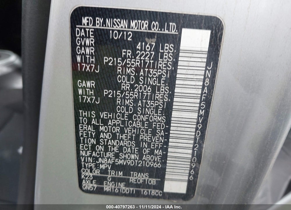 2013 NISSAN JUKE SV VIN: JN8AF5MV9DT210966
