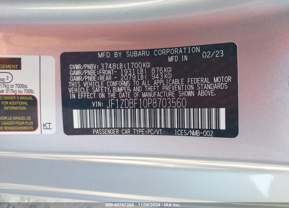 2023 SUBARU BRZ LIMITED VIN: JF1ZDBF10P8703560