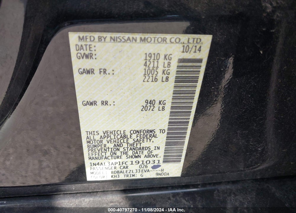 2015 NISSAN ALTIMA 2.5 S VIN: 1N4AL3AP1FC191031