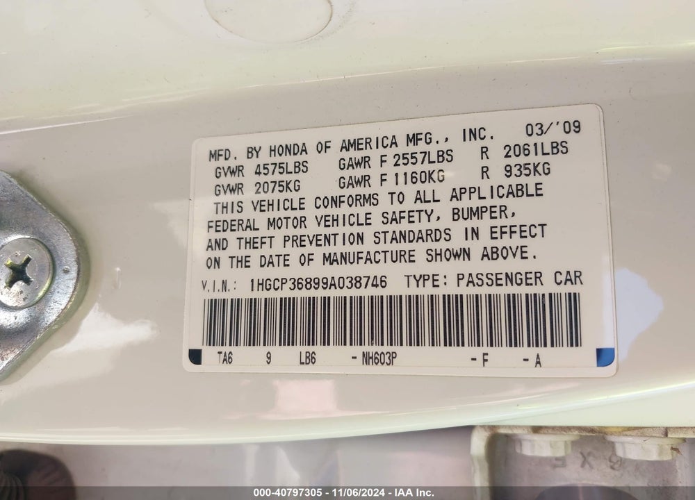 2009 HONDA ACCORD 3.5 EX-L VIN: 1HGCP36899A038746