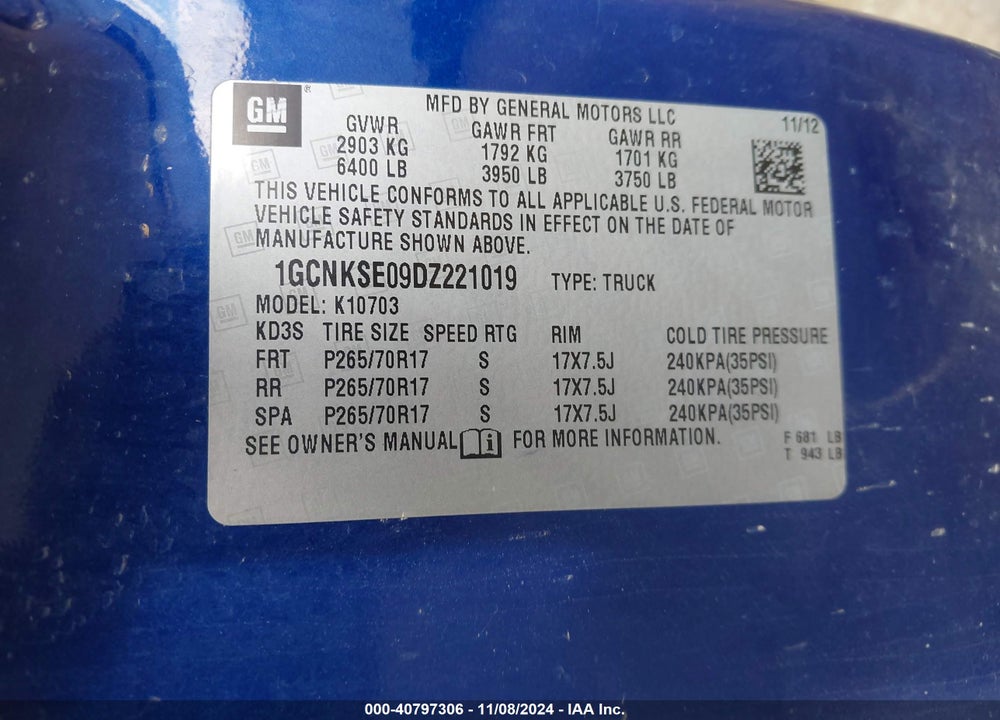 2013 CHEVROLET SILVERADO 1500 LT VIN: 1GCNKSE09DZ221019
