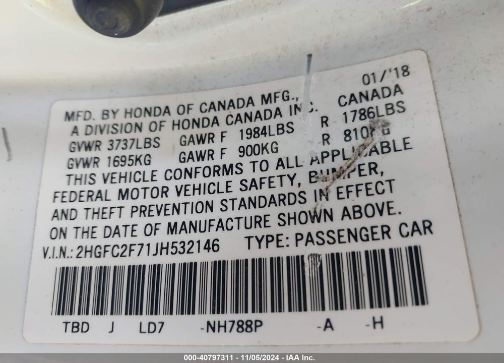 2018 HONDA CIVIC EX VIN: 2HGFC2F71JH532146