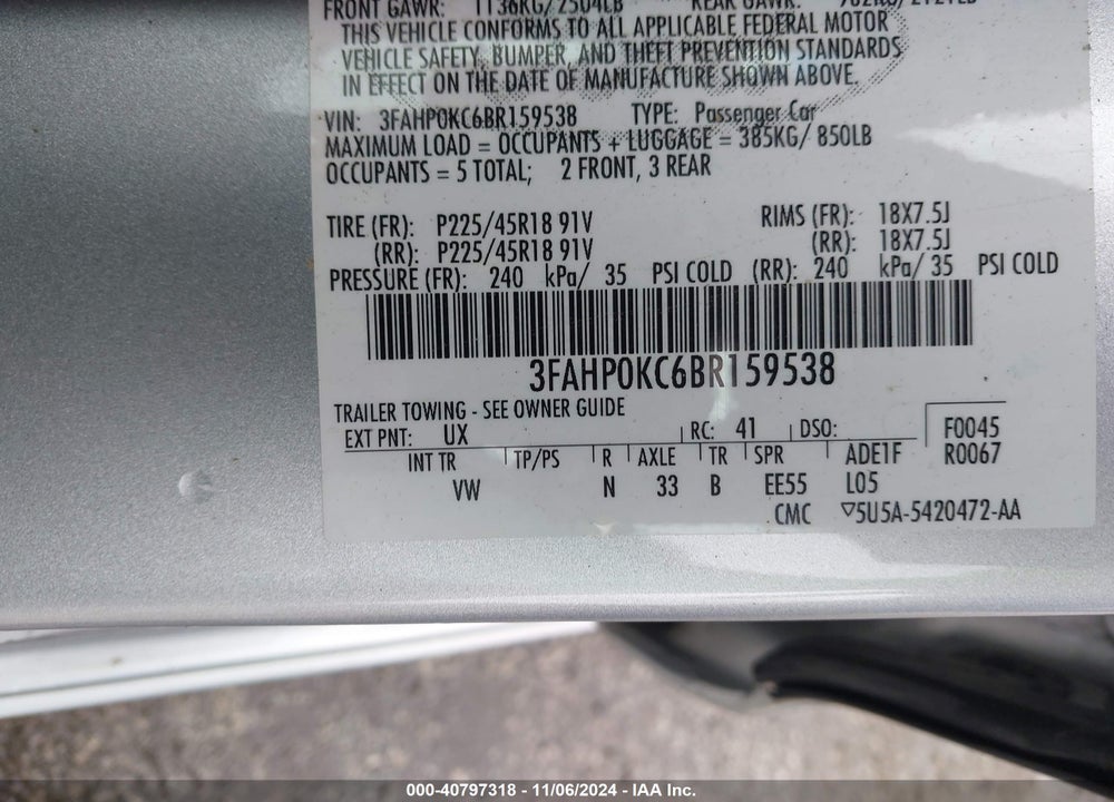 2011 FORD FUSION SPORT VIN: 3FAHP0KC6BR159538
