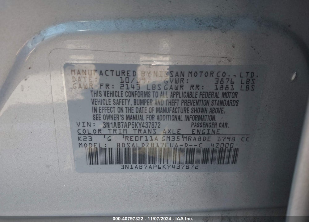 2019 NISSAN SENTRA SV VIN: 3N1AB7AP6KY437872