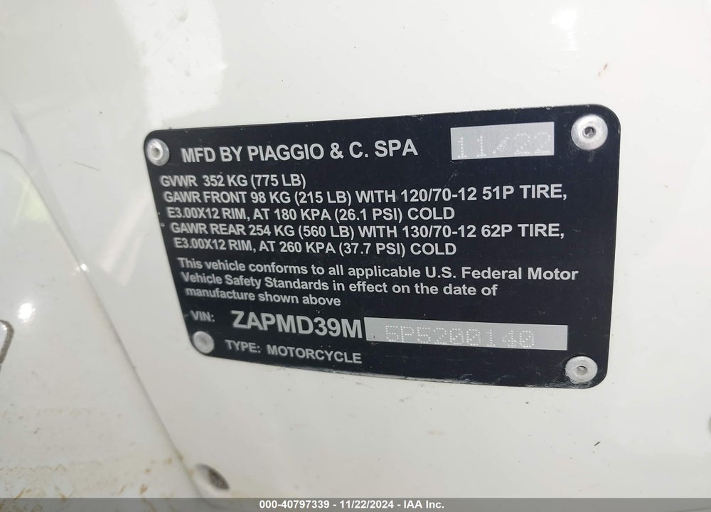 2023 VESPA GTS/SEI GIORNI 300 VIN: ZAPMD39M5P5200140