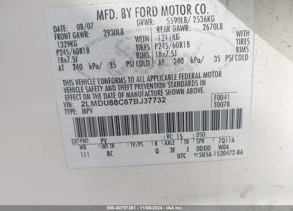 2007 LINCOLN MKX VIN: 2LMDU88C67BJ37732