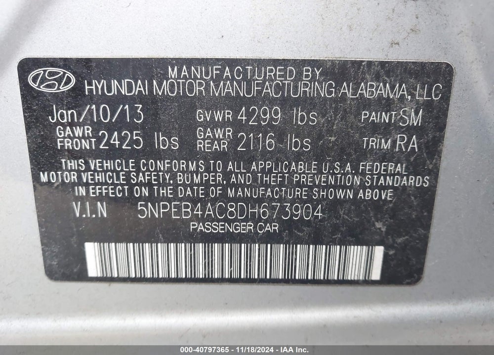 2013 HYUNDAI SONATA GLS VIN: 5NPEB4AC8DH673904