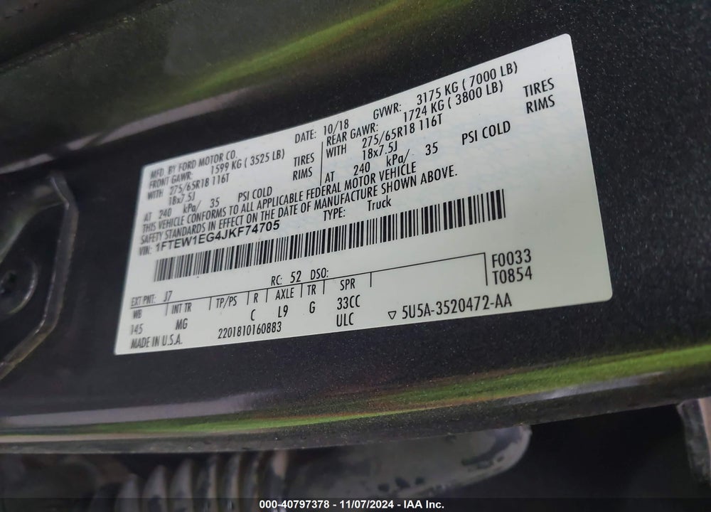 2018 FORD F-150 XLT VIN: 1FTEW1EG4JKF74705