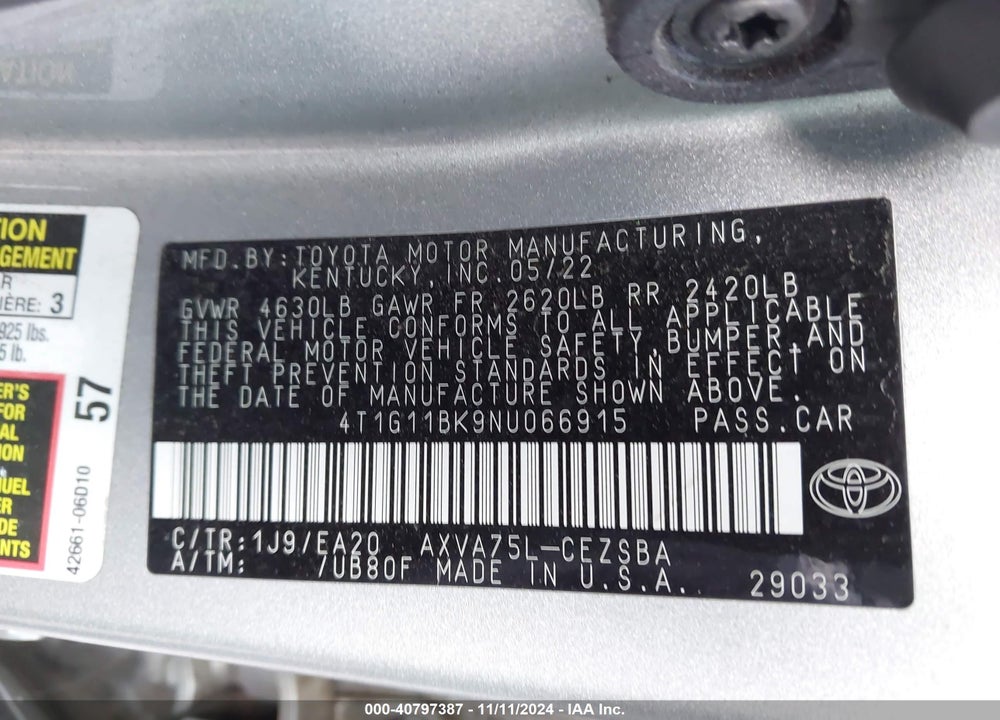 2022 TOYOTA CAMRY SE AWD VIN: 4T1G11BK9NU066915