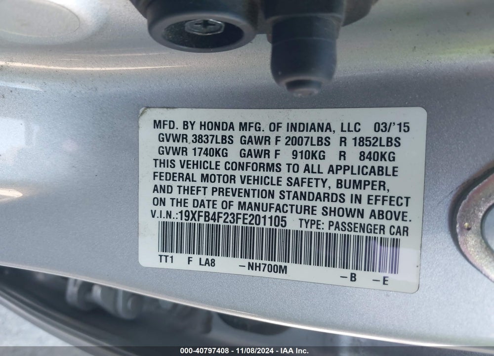 2015 HONDA CIVIC HYBRID VIN: 19XFB4F23FE201105