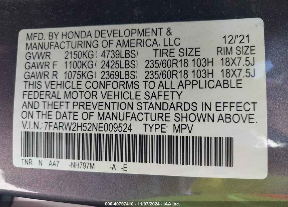 2022 HONDA CR-V AWD EX VIN: 7FARW2H52NE009524