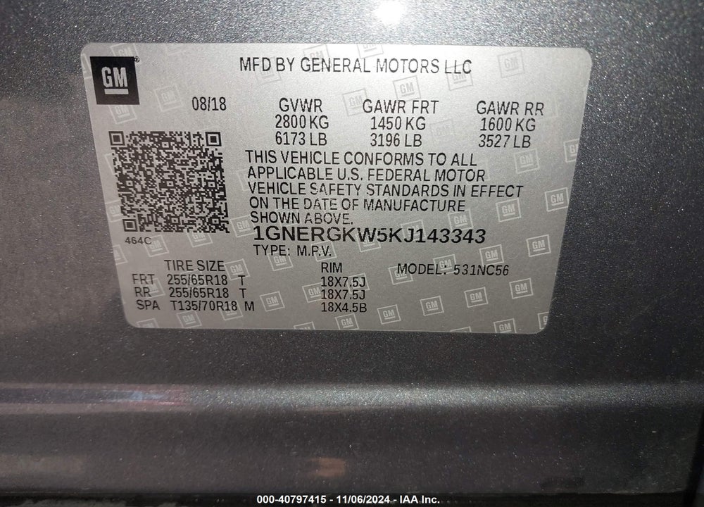 2019 CHEVROLET TRAVERSE VIN: 1GNERGKW5KJ143343