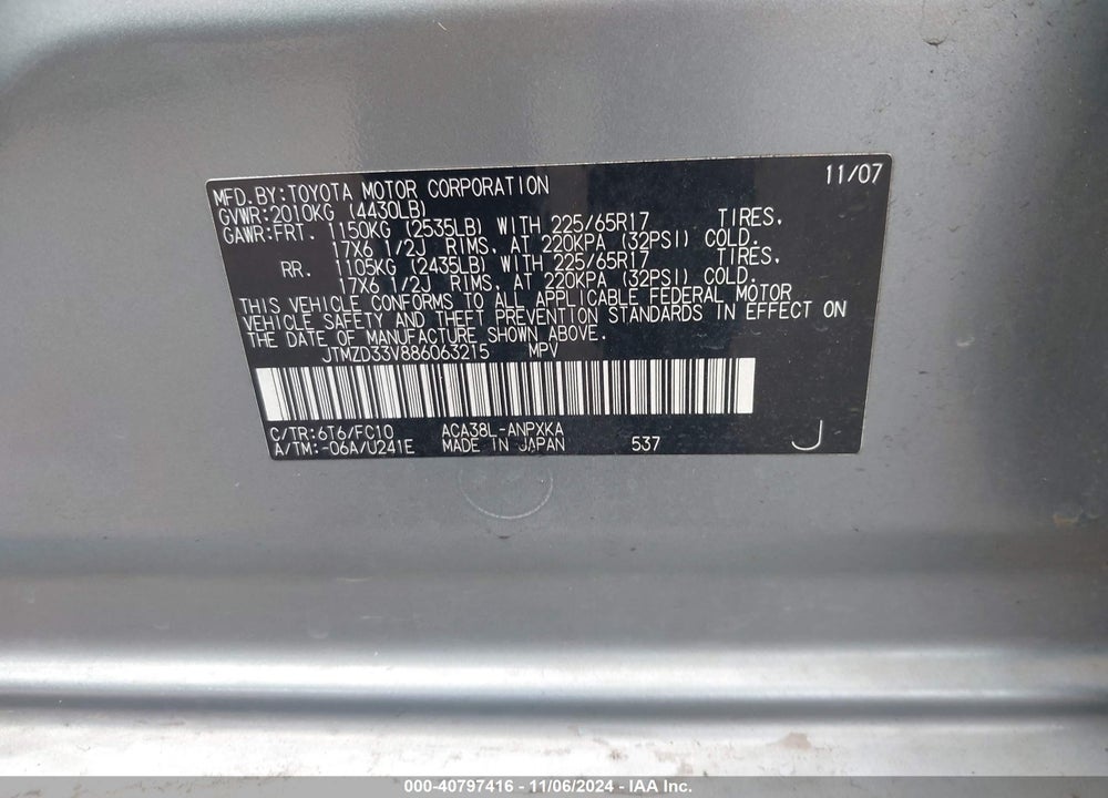 2008 TOYOTA RAV4 VIN: JTMZD33V886063215