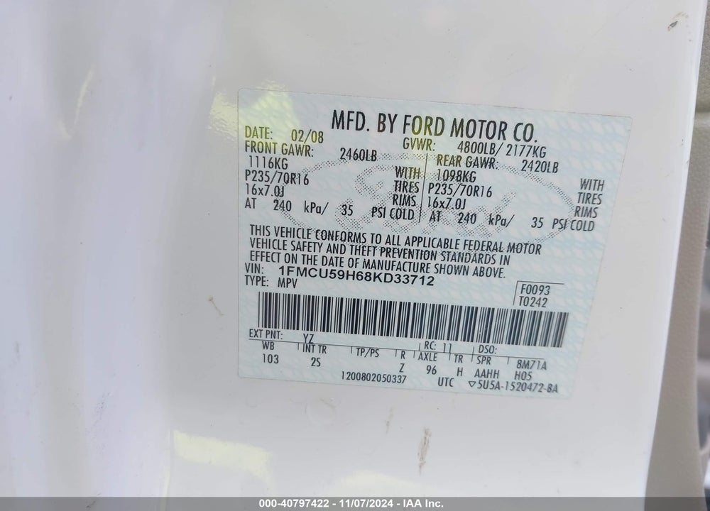 2008 FORD ESCAPE HYBRID VIN: 1FMCU59H68KD33712